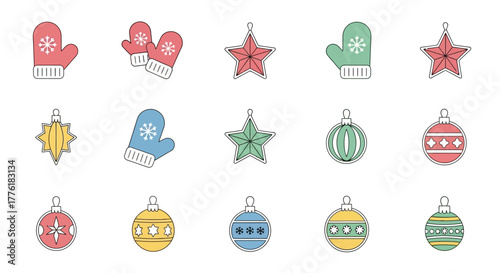 Colorful Christmas ornament icons mittens stars and baubles