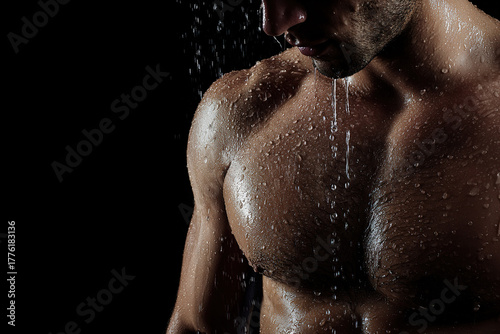 Muscular man under shower with water droplets on his skin against black background