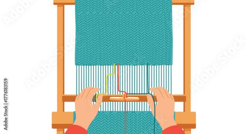 Hands carefully weaving a colorful tapestry on a loom, a metaphor for building a business, strategy, or team culture.