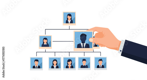 Recruiter placing a new manager into a key position on the corporate organizational chart, symbolizing promotion or hiring.