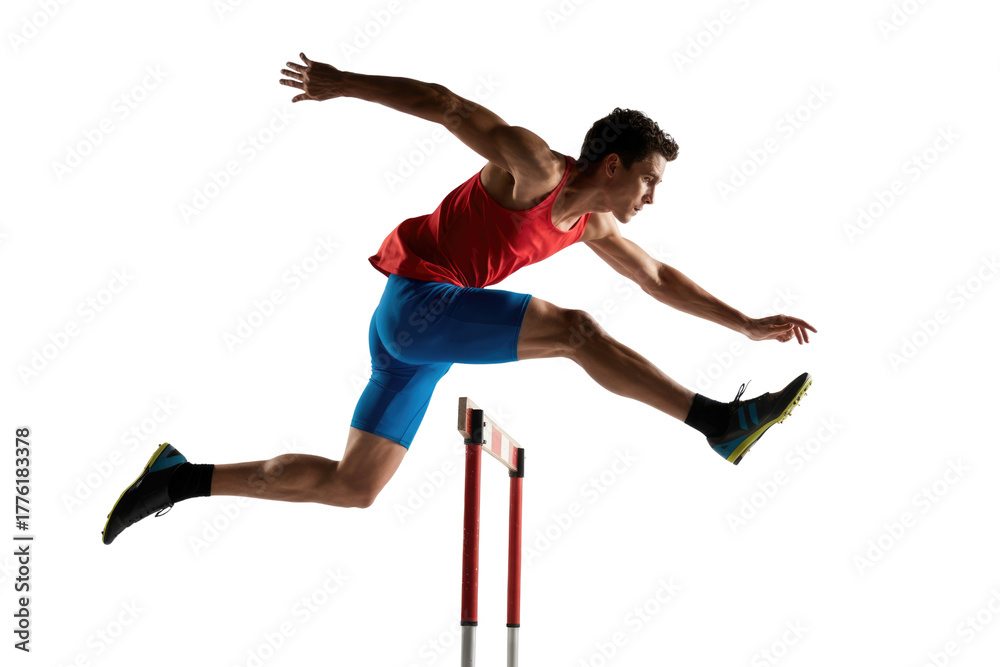 Fototapeta premium A male athlete in red and blue hurdles over an obstacle, demonstrating agility and speed in a track and field event. background removed