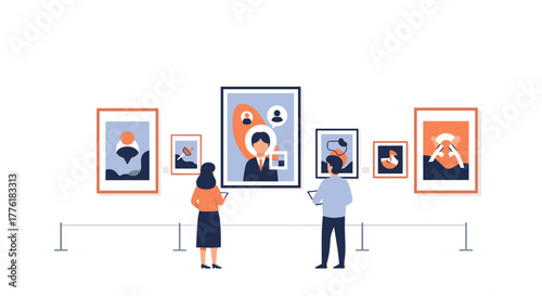Man and woman in a modern art gallery viewing portraits and abstract pieces related to business profiles and communication concepts.