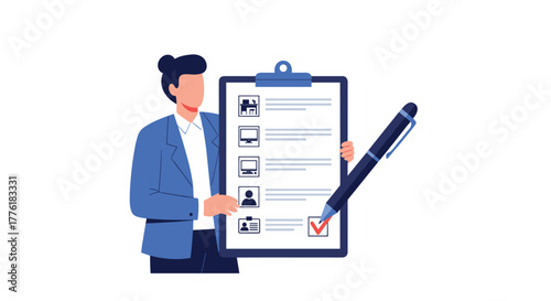 Professional businesswoman with a large pen checking off a task on a checklist, symbolizing project completion and organization.