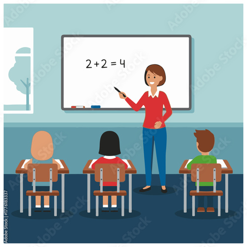 Teacher Giving a Weather Lesson in Classroom Illustration: Female Educator Explaining Sun and Cloud Drawing on Whiteboard to Students Sitting at Desks, Education and Learning Vector