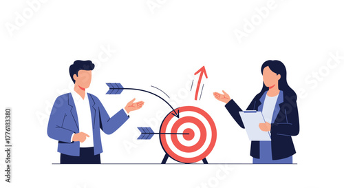 Business colleagues collaborating and discussing strategy to achieve a common goal, represented by a target with arrows.