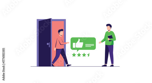 Satisfied customer leaving with a positive five-star rating and thumbs-up, representing excellent customer experience.