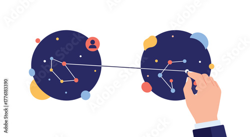 Hand creating a connection between two separate networks or groups, symbolizing partnership, communication, and strategy.