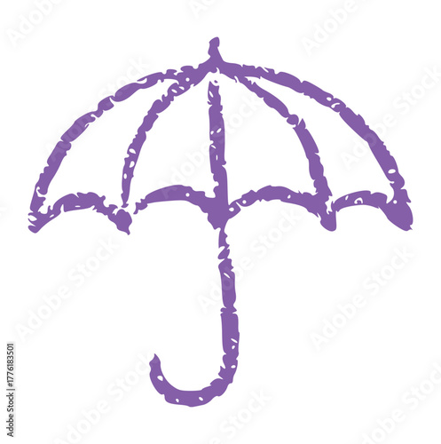 hand drawn crayon outline vector of an open umbrella with a curved handle. Rough texture doodle rain element perfect for weather icon, autumn season design, or protection concept.