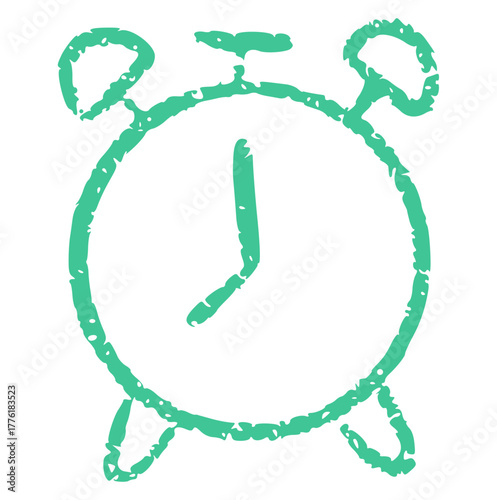 hand drawn crayon outline vector of a classic alarm clock with bells. Rough texture doodle time element perfect for scheduling, deadline reminder, calendar, or waking up concept.