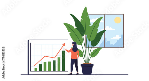 Businesswoman presenting a successful growth chart with a rising arrow, indicating positive business performance and profit.