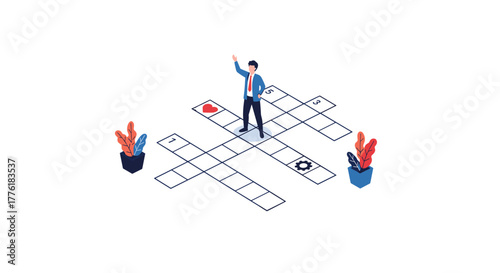 Businessman standing on a giant crossword puzzle on the floor, symbolizing problem-solving and business strategy.