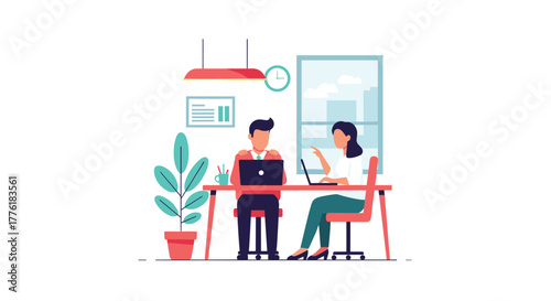 Two colleagues, a man and a woman, working collaboratively on their laptops at a shared desk in a modern office space.