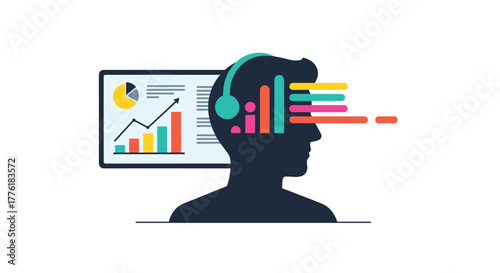 Conceptual art showing data analysis with a person's silhouette listening to data streams and viewing charts on a screen.