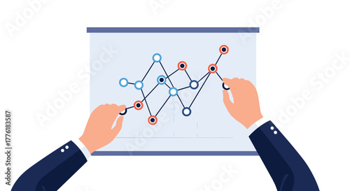 Analyst or strategist hands connecting points on a whiteboard to create a complex data graph for market trend analysis.