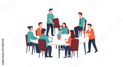 Growing business team adding more chairs to a meeting table, symbolizing expansion, inclusivity, and new members.