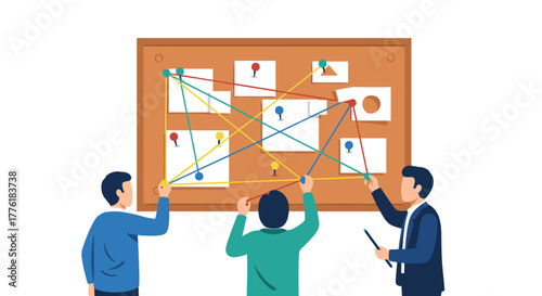 Business team collaborating on a strategy board, connecting ideas with strings to visualize a complex network or plan.