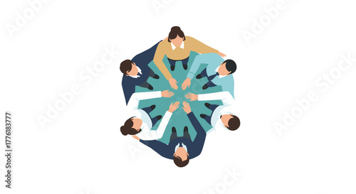 Top view of a diverse business team putting their hands together in a circle, symbolizing unity, teamwork, and support.