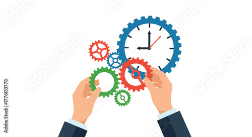 Hands assembling clock gears, illustrating time management, productivity, efficiency, and the mechanics of a working business process.