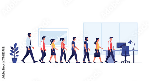 Diverse group of business professionals walking in a line through a modern office, representing workflow and conformity.
