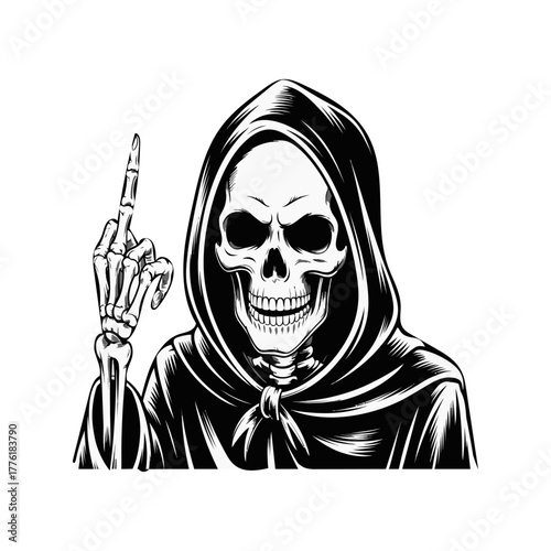 Grim reaper skeleton figure wearing a hood and raising a finger