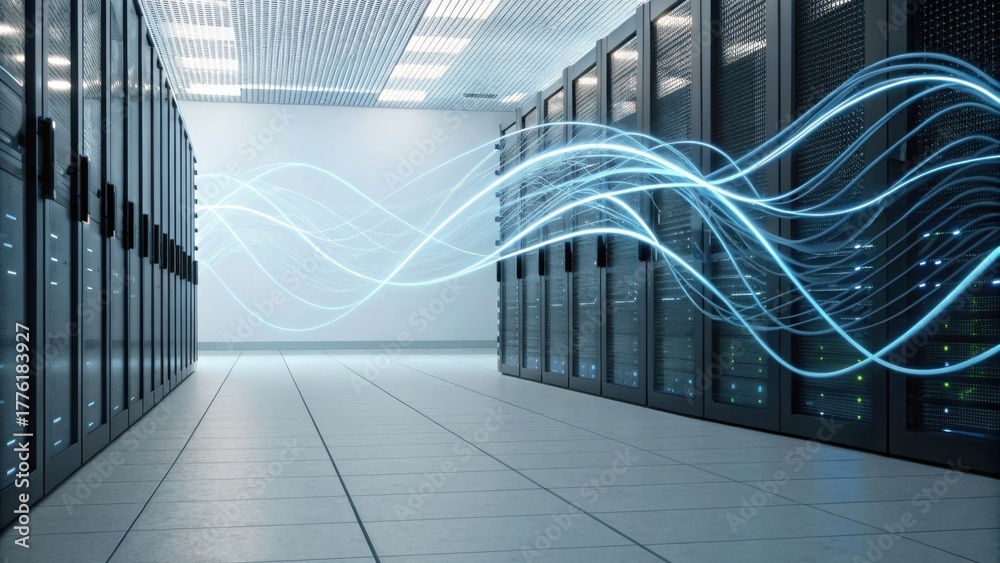 Fototapeta premium A modern data center with rows of servers and digital data flow visualizations, representing technology and information management.