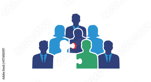 Team building concept showing a group of diverse professionals as puzzle pieces, with one new member completing the team.