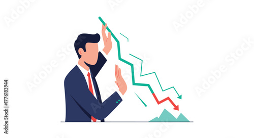Businessman unsuccessfully trying to stop a falling financial graph, symbolizing market crash and economic crisis prevention.