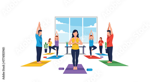 Group of diverse people participating in a yoga class led by a female instructor, promoting wellness and active relaxation.