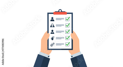 Hands in business attire holding a clipboard with a checklist of employee performance or recruitment criteria successfully ticked off.
