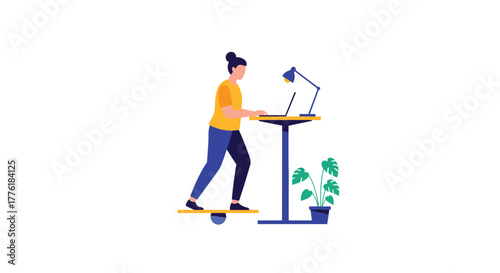 Woman maintaining a healthy work-life balance by using a standing desk and a balance board in a modern office setup.