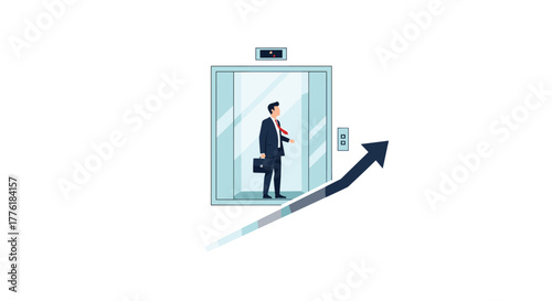 Businessman inside an elevator with an ascending arrow graphic, symbolizing career growth and professional success.