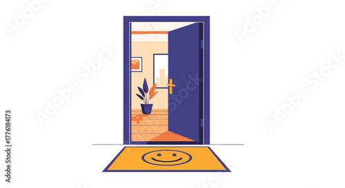 Welcoming open door to an office or home with a friendly smiley face on the doormat, symbolizing new opportunities.