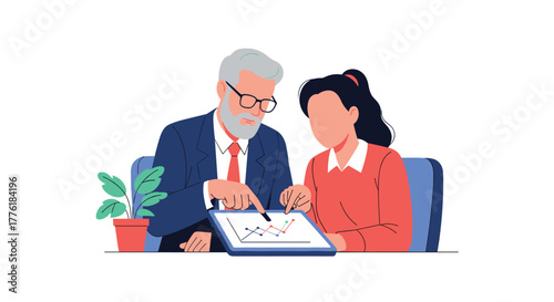 Senior manager mentoring a junior female employee by analyzing business performance data on a digital tablet together.