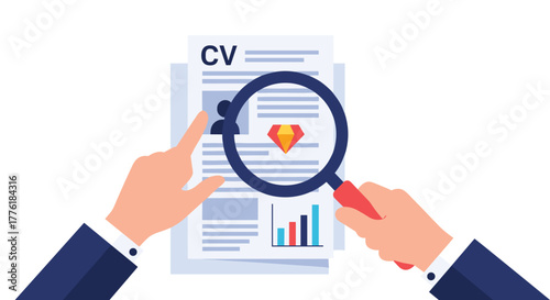 Recruiter using a magnifying glass to closely examine a curriculum vitae, focusing on finding a uniquely talented candidate.