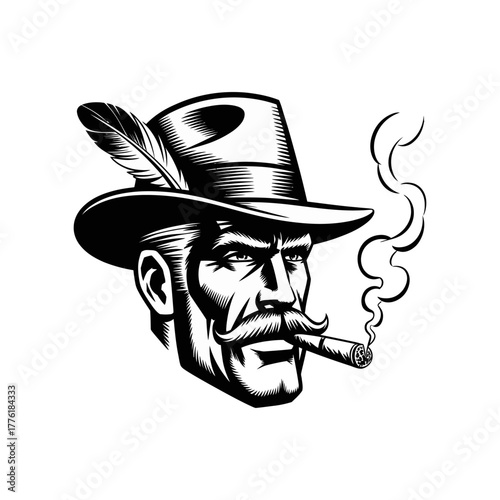 Black and white illustration of a cowboy smoking a cigar