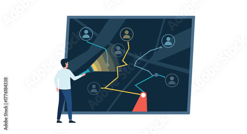 Man using a flashlight to follow a specific path on a dark map connecting different user profiles, representing path analysis.