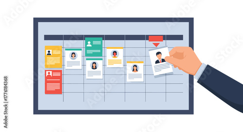 Human resources manager placing a new employee candidate card on a company project management board for recruitment purposes.