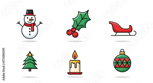 Icons of snowman holly sleigh tree candle ornament on white