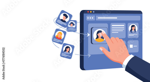 Recruiter's hand selecting and dragging candidate profiles into a human resources management system on a computer screen.