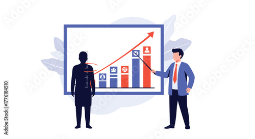 Manager pointing to a rising bar chart during a presentation, with a human silhouette showing internal structure for analysis.