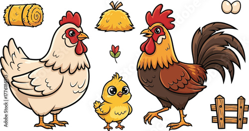 Farmyard friends rooster hen chick haystack fence and autumn leaves for countryside charm isolated on transparent background