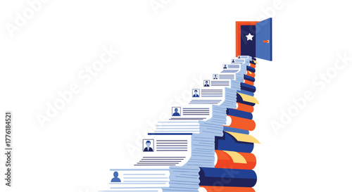 Stairway made of resumes and books leading to an open door with a star, symbolizing the career path to a dream job.