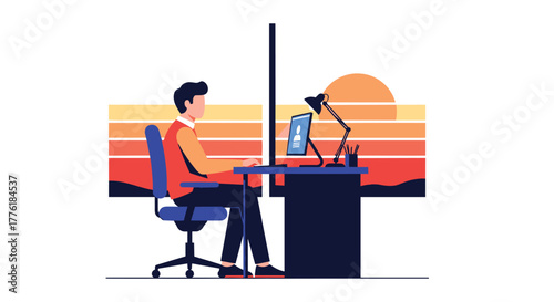 Man working at a modern office cubicle with a dual monitor setup, set against a stylized sunset background.