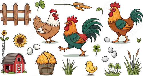 Charming farm animals rooster chicken hen chick sunflower barn fence wheat grass and eggs collection art isolated on transparent background
