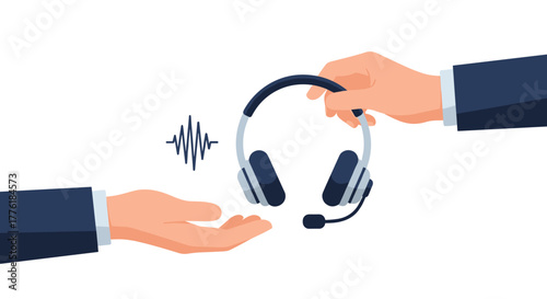 Hands exchanging a headset with a microphone, representing call center services, customer support, or podcasting collaboration.