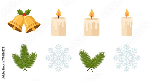 Image with Christmas bells 3 candles fir sprigs and snowflakes arranged in two rows