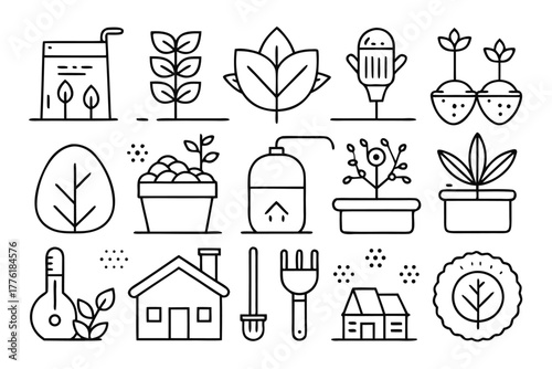 A set of clean, line-art icons depicting plants, pots, soil, watering tools, and eco-friendly concepts for gardening, home decor, and sustainable design projects.