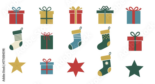 Presents stockings  stars arranged in a grid pattern on a white background