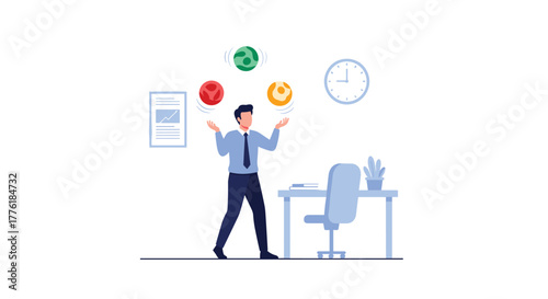 Businessman juggling multiple tasks in his office, balancing work responsibilities and time management to stay productive.