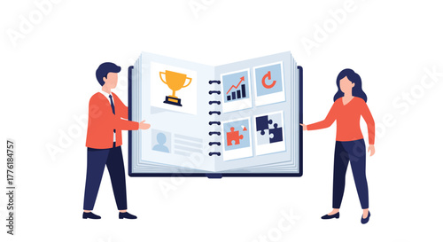 Man and woman holding open a large book or portfolio showcasing business achievements like trophies, growth charts, and puzzle solutions.
